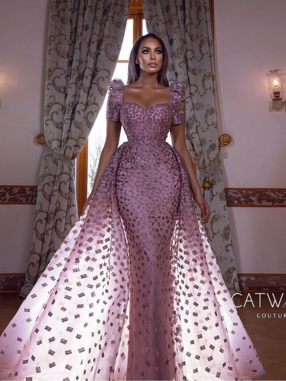 Catwalk 50132 Pink Embellished Prom Gown with Detachable Overskirt